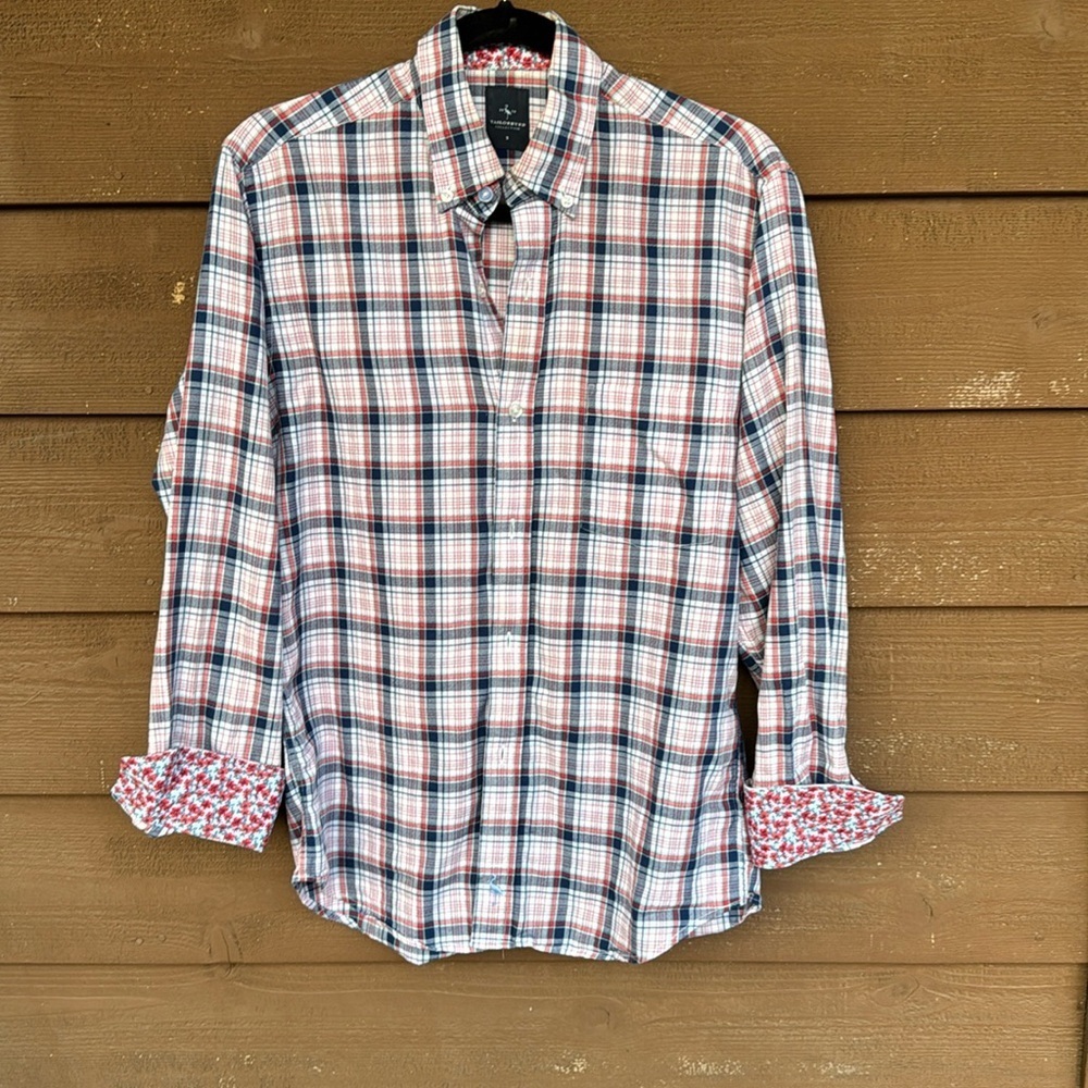 Tailorbyrd blue and red floral and plaid men’s button down shirt size small